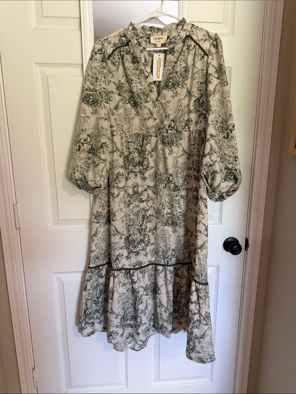 Umgee Cream and Green Toile Ruffle Neck Midi Dress